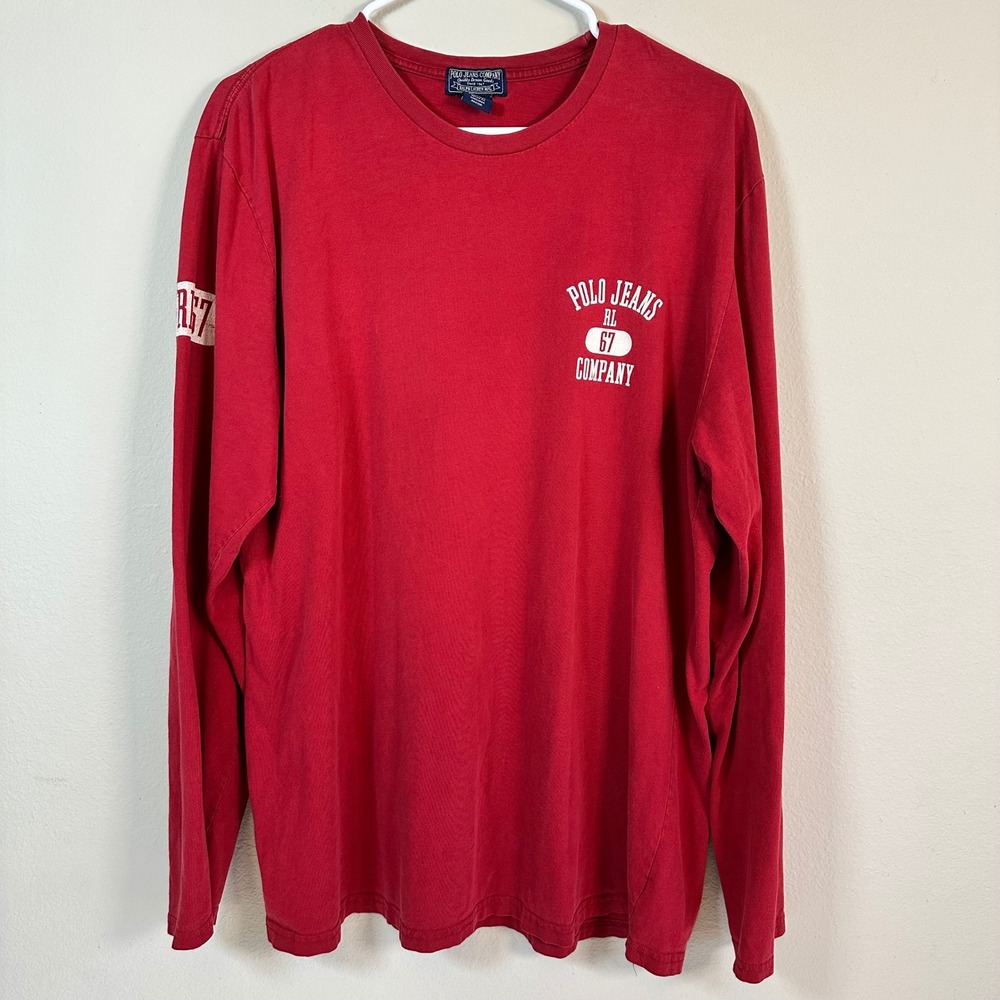 Vintage Polo Jeans Ralph‎ Lauren Long Sleeve T-Shirt Red Mens Large Y2K Preppy